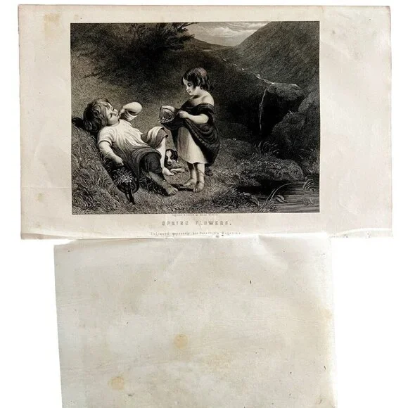 Adorable Children Spring Flowers Steel Engraving 1859 Victorian Art DWY5E